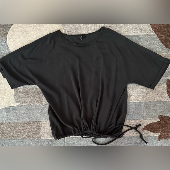 7 for All Mankind 1/2 Sleeve Black Silk Raw Edge Boxy Top Drawstring Chunky Cord - Picture 2 of 5